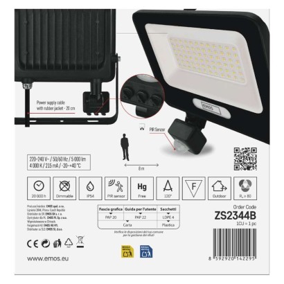 LED reflektor GLARO PIR 50 W, fekete, IP54, 5000 lm, természetes fehér