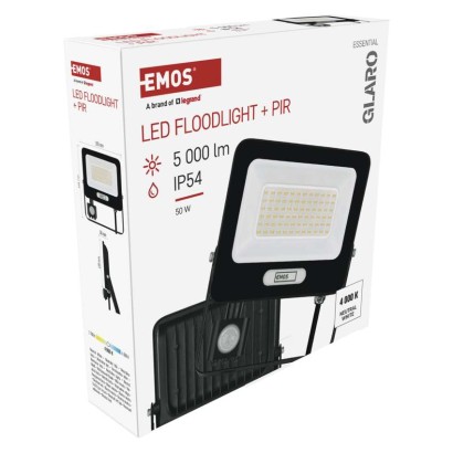 LED reflektor GLARO PIR 50 W, fekete, IP54, 5000 lm, természetes fehér