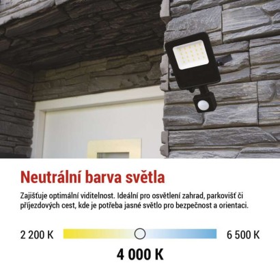 LED reflektor VISIO s pohybovým čidlem, 10 W, černý, neutrální bílá