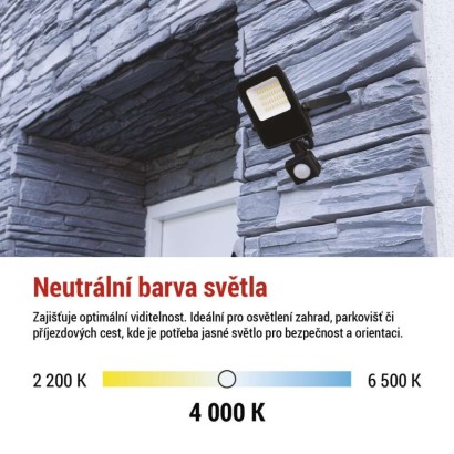 LED reflektor VISIO s pohybovým čidlem, 20 W, černý, neutrální bílá