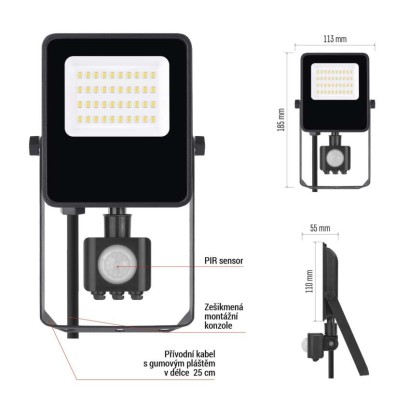LED reflektor VISIO s pohybovým čidlem, 20 W, černý, neutrální bílá