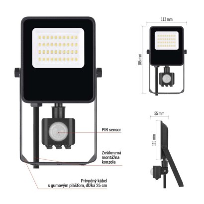 LED reflektor VISIO s pohybovým čidlom, 20 W, neutrálna biela, čierný