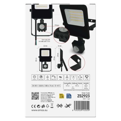 EMOS VISIO LED reflektor 20 W mozgásérzékelővel IP54 term. fehér