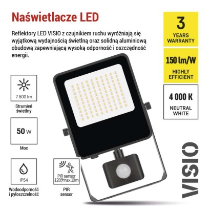 Naświetlacz LED VISIO z czujnikiem PIR 50 W, neutralna biel