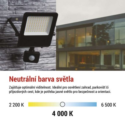 LED reflektor VISIO s pohybovým čidlem, 50 W, černý, neutrální bílá