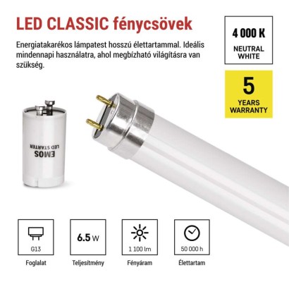 LED Fénycső T8 6,5 W 1100 lm 60 cm, természetes fehér 10 db.