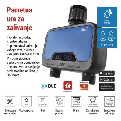 Časovnik za zalivanje GoSmart, Bluetooth 5.0, 2 izhoda