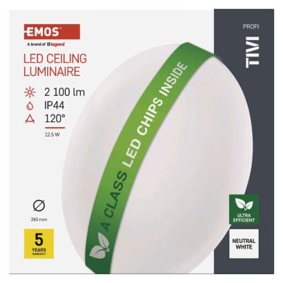 LED griestu gaismeklis TIVI, A CLASS, apaļš balts 12,5W, IP44, Neitrāli balta