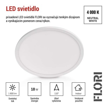 LED prisadené svietidlo FLORI okrúhle, biele, 18W, neutrálna biela