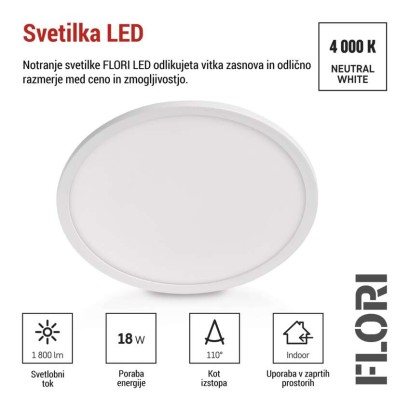 LED svetilo nadometno FLORI okrogla, bela, 18W, nevtralna bela