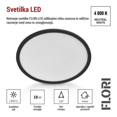 LED svetilo nadometno FLORI okrogla, črna, 18W, nevtralna bela