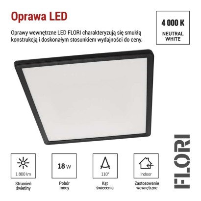 Oprawa LED FLORI kwadratowy, czarny, 18W, neutralna biel
