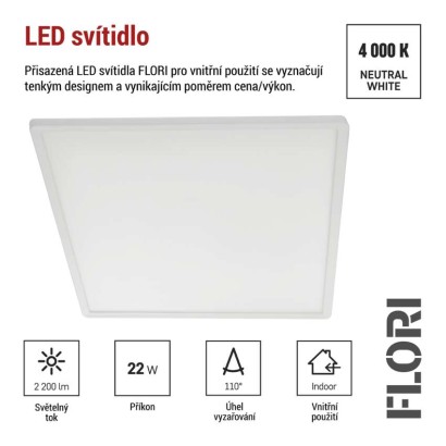 LED přisazené svítidlo FLORI čtvercové, bílé, 22W, neutrální bílá