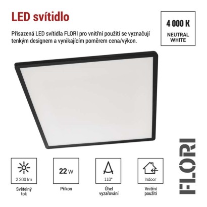 LED přisazené svítidlo FLORI čtvercové, černé, 22W, neutrální bílá