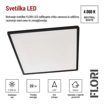 LED svetilo nadometno FLORI kvadratni, črna, 22W, nevtralna bela
