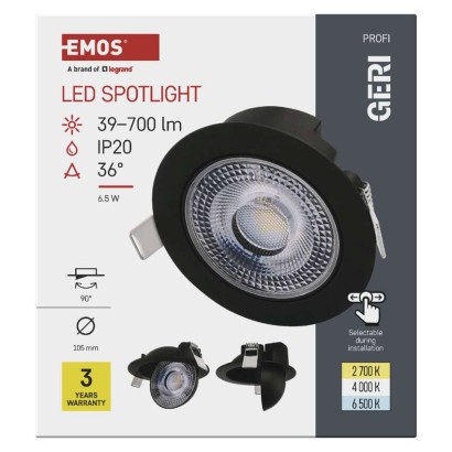 LED prožektors GERI melnā, apaļš, 6,5 W CCT