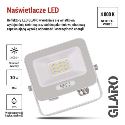 Naświetlacz LED GLARO 10W, biały, IP65, 1000 lm, neutralna biel