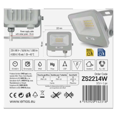 LED reflektor GLARO 10W, fehér, IP65, 1000 lm, természetes fehér