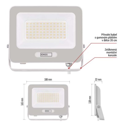 LED reflektor GLARO 50W, bílý, IP65, 5000 lm, neutrální bílá