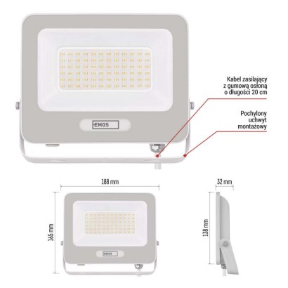 Naświetlacz LED GLARO 50W, biały, IP65, 5000 lm, neutralna biel