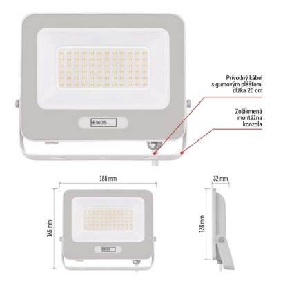LED reflektor GLARO 50W, biely, IP65, 5000 lm, neutrálna biela