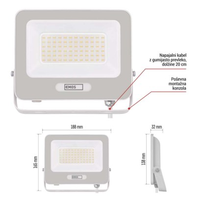 LED reflektor GLARO 50W, bel, IP65, 5000 lm, nevtralna bela