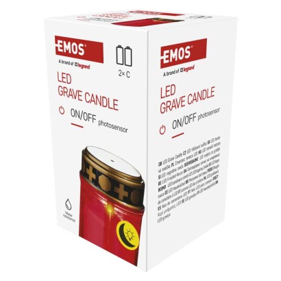 LED náhrobná sviečka červená, 2x C, vonkajšia aj vnútorná, teplá biela, senzor