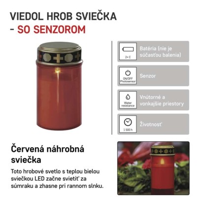 LED náhrobná sviečka červená, 2x C, vonkajšia aj vnútorná, teplá biela, senzor