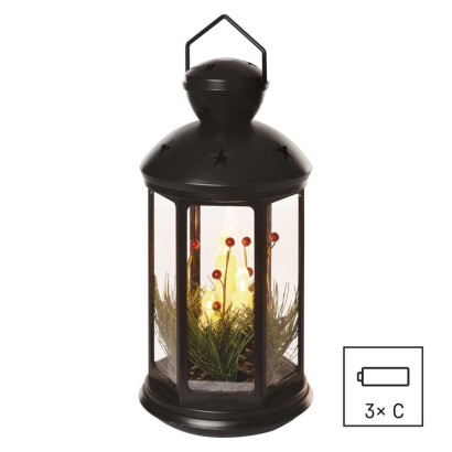 LED dekorácia – vianočný lampáš so sviečkami čierny, 35,5 cm, 3x C, vnútorný, vintage