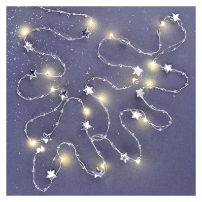 Lampki choinkowe gwiazdki 20 LED ciepła biel, srebrny przewód, IP20, timer