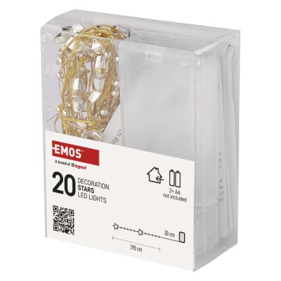 Lampki choinkowe gwiazdki 20 LED ciepła biel, złoty przewód, IP20, timer