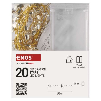 Lampki choinkowe gwiazdki 20 LED ciepła biel, złoty przewód, IP20, timer