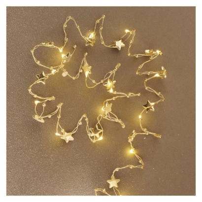 Lampki choinkowe gwiazdki 20 LED ciepła biel, złoty przewód, IP20, timer