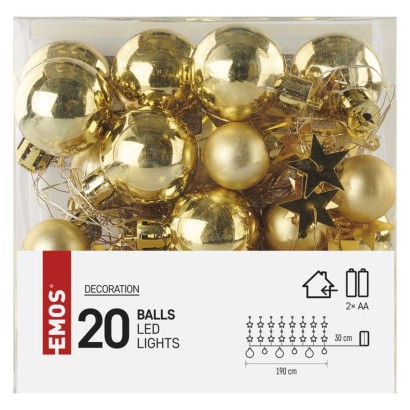 Dekoracje - 20 LED złote kule z gwiazdami 1,9 m, 2x AA, ciepła biel, IP20, timer