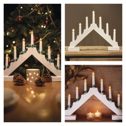 LED gyertyatartó, fa, fehér, 29 cm, 2x AA, beltéri, meleg fehér, időzítő