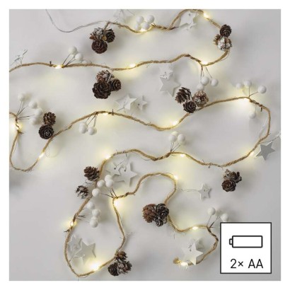 LED Ziemassvētku vītne – priežu čiekuri, 1,7 m, 2x AA, lietošanai iekštelpās, silti balta