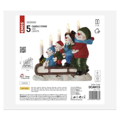 LED svietnik – snehuliaci na saniach, 24 cm, 2x AA, vnútorný, teplá biela, časovač