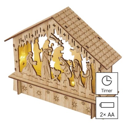LED Weihnachtskrippe aus Holz, 15 cm, 2x AA, Innen, warmweiss, Timer