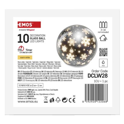 LED karácsonyi üveggömb – hópelyhek, 12 cm, 3x AA, beltéri, meleg fehér, időzítő