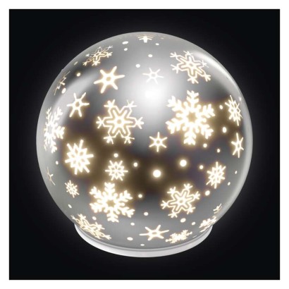 LED karácsonyi üveggömb – hópelyhek, 12 cm, 3x AA, beltéri, meleg fehér, időzítő