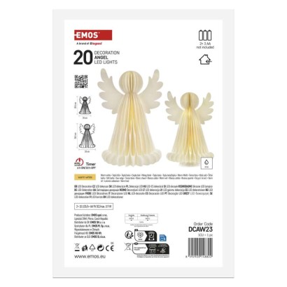 Dekoracje - anioły papierowe 2x 10 LED, 2 szt., 28/38 cm, ciepła biel, IP20, timer