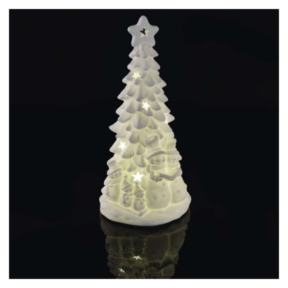 Keramický LED stromček so snehuliakmi, 33,5 cm, 2x AA, vnútorný, teplá biela