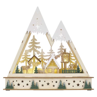 LED Weihnachtslandschaft aus Holz, 23,5 cm, 2x AA, Innen, warmweiss, Timer