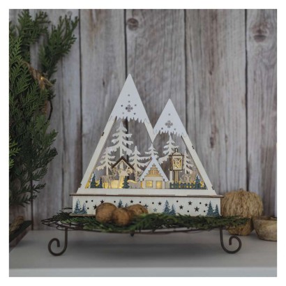 LED Weihnachtslandschaft aus Holz, 23,5 cm, 2x AA, Innen, warmweiss, Timer