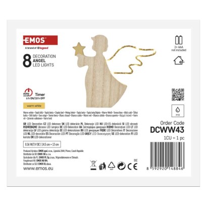 Dekoracje - anioł 8 LED, 13 cm, 2x AA, ciepła biel, IP20, timer