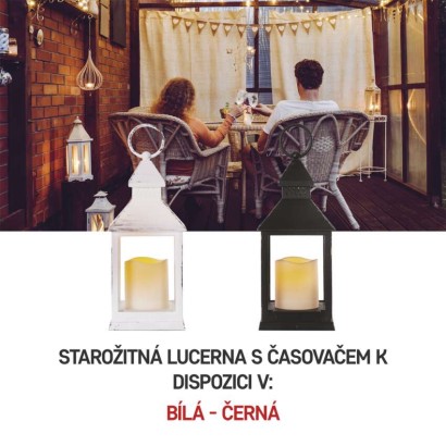 LED dekorace – lucerna antik bílá blikající, 3x AAA, vnitřní, vintage, časovač