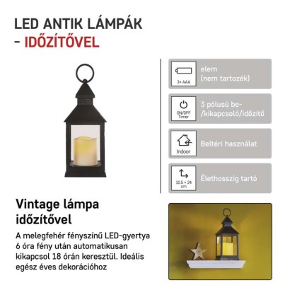 LED dekoráció – lámpa, antik, fekete, villogó, 3x AAA, beltéri, vintage, időzítő