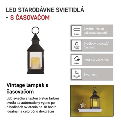 LED dekorácia – lampáš antik čierna blikajúca, 3x AAA, vnútorný, vintage, časovač