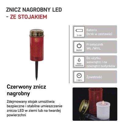 Świeczka cmentarna LED wbijana, czerwona, 2x AA, IP44