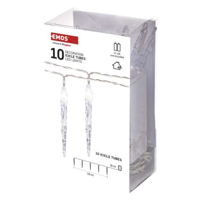 LED karácsonyi fényfüzér – 10x jégcsap, 1,35 m, 2x AA, beltéri, hideg fehér, időzítő